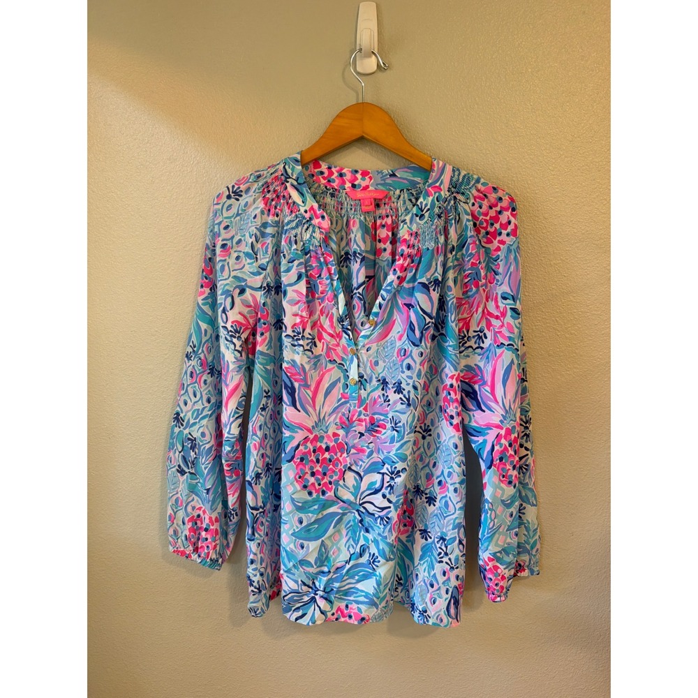 Lilly Pulitzer Elsa Blouse Women Large Silk Pink Blue Pineapple Floral Print
